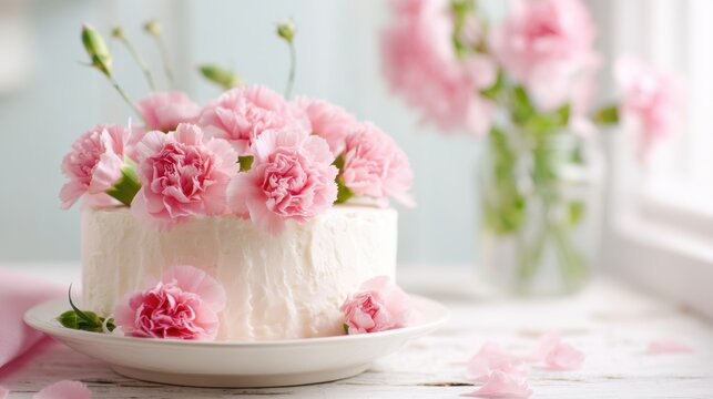 Mothers Day, Valentines Day, love holiday theme. A white cake adorned with pink carnations placed on a plate, surrounded by delicate petals on a wooden surface.