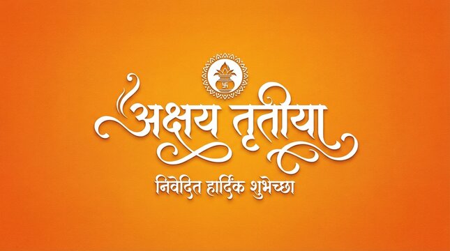 Marathi and Hindi Calligraphy 'akshaya tritiya nimtha hardik shubhechha' which means Good wishes on an annual spring time festival of the Hindus called Akshay Tritiya in
