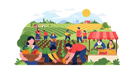 Obraz premium Community Farming and Local Market: People Harvesting Fresh Organic Produce, Vegetables, and Fruits in Rural Fields, Selling at a Farm Stand - Flat Vector Illustration