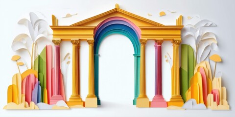Fototapeta premium Colorful papercraft architecture. Columns, archway, foliage create whimsical scene. Bright hues, layered design, artistic impression.