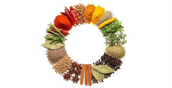 Circular Frame of Fresh Herbs and Dry Spices on White Surface