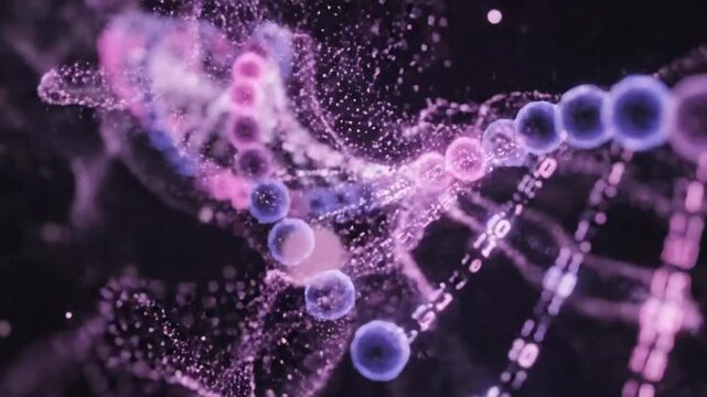 A closeup view of a dna double helix structure with pink and blue spheres on a black background with binary code