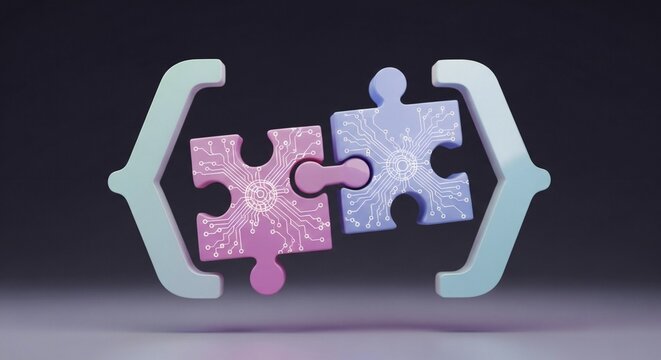 AI API Builder Icon &ndash; Code Brackets Connected with Puzzle Pieces and Neural Circuits, Artificial Intelligence Development Concept