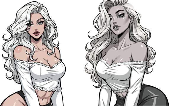 Anime style beautiful woman with long wavy white hair vector illustration, glamorous female character in off-shoulder top, comic art girl set