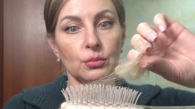 Woman anxiously examines fallen hair on a brush, close-up