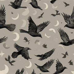Obraz premium Seamless pattern featuring flying crows and crescent moons on muted background, creating mystical and enchanting. design intricate details and dynamic movement