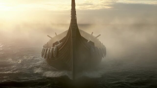 Tracking shot over water of viking long ship approaching through heavy fog across open sea toward camera at dawn with golden hazy light