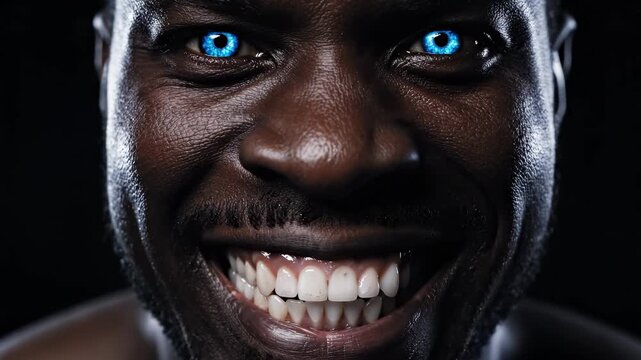 Close-up emotional portrait of man with bright blue eyes. Intense expression showcases charisma and confidence. Studio lighting highlights facial features, creating captivating atmosphere.
