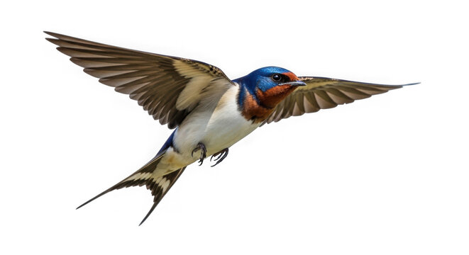 Barn swallow in flight with distinctive blue and brown plumage