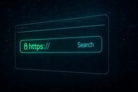 HTTPS Secure Web Search Interface Visualization Featuring Encrypted Protocol Indicator and Modern Browser Search Bar