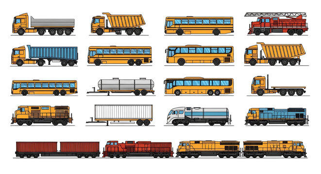 Large Vehicle Multiview Vector Set &ndash; Trucks, Buses, Trailers, Trains, Top Side Front Technical Collection