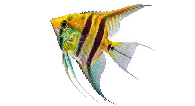 Vibrant yellow angelfish with black stripes swimming