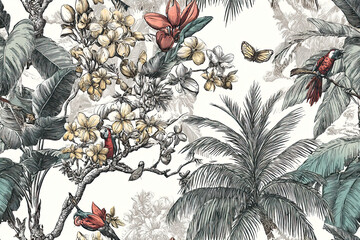 Obraz premium Tropical jungle illustration features vibrant flowers, lush palm leaves, and colorful birds, creating lively and exotic. This seamless pattern captures essence of nature beauty