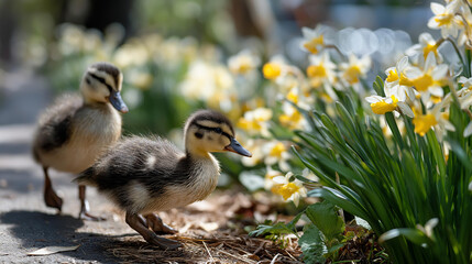 Obraz premium Fluffy ducklings walking among blooming daffodils in sunny garden setting, adorable spring wildlife concept, defocused background, with copy space