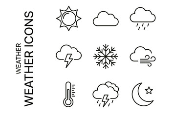 Obraz premium Weather icons, line style forecast symbols, climate graphics, 8 weather signs