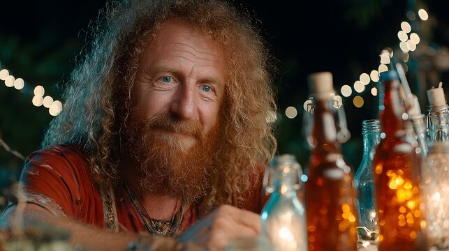 An older man with curly hair and a red beard is gazing off-camera with a smirk in this shot, while multiple bottles in focus.