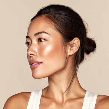 Ultra realistic skincare featuring woman with glowing skin, natural beauty and elegance. image captures side profile with soft lighting and neutral background, emphasizing skin
