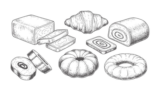 Black and white line of various types of bread and rolls croissants baguette 1 doughnut