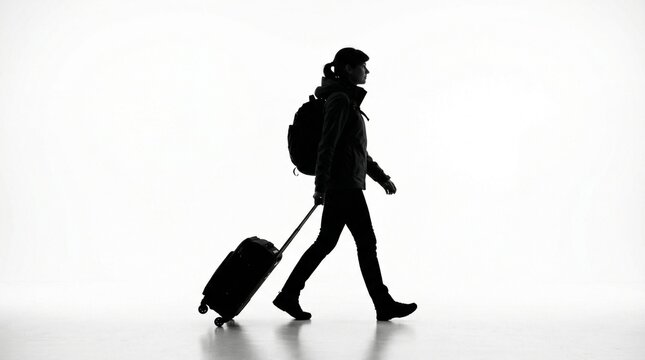 Silhouette of a traveler with a backpack and suitcase, walking against a bright background, symbolizing journey and exploration
