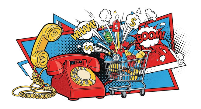 Pop art illustration retro phone, exploding shopping cart, comic sound effects
