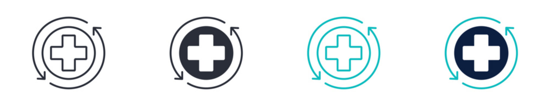 Medical refresh icon set, healthcare update recovery cycle cross symbol, outline and solid and color style. Vector illustration.