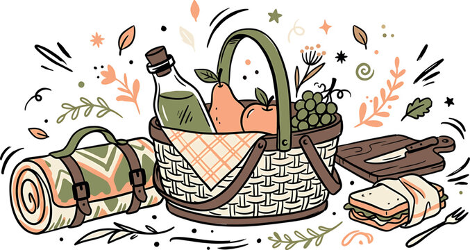 Picnic basket with wine bread and cheese isolated on transparent background