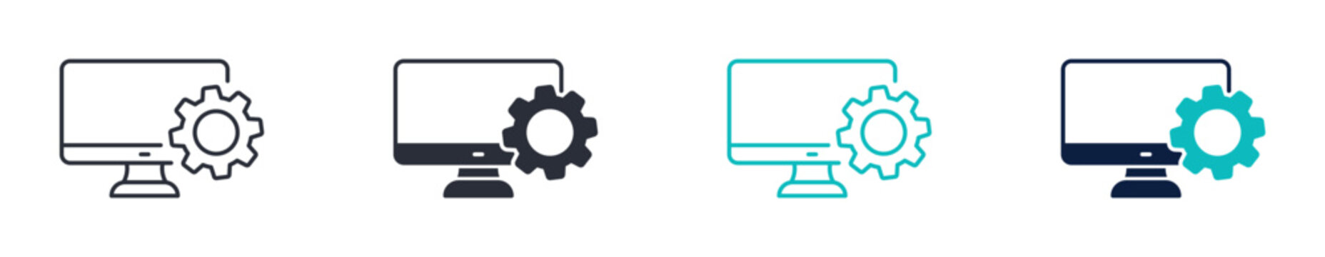 Computer settings icon set, desktop gear configuration system symbol, outline and solid and color style. Vector illustration.