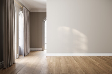 Fototapeta premium Empty elegant room interior with beige wall, wooden floor, and arched windows with curtains, 3D render