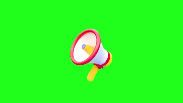 Megaphone 3D illustration with white and red body and yellow handle against a vibrant green screen background for announcements
