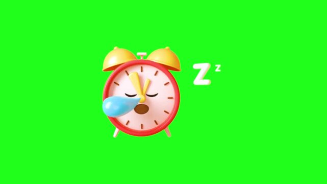 Alarm clock with closed eyes and a sleeping Z on a green screen background, representing slumber. featuring sleep, zzz, chroma key with animation and
