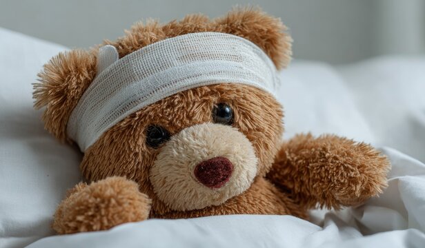 Injured teddy bear resting on a bed recovering from trauma