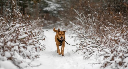 Obraz premium Lively dog dashing through wintery forest trails