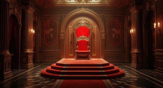 Prestigious entrance hall with a bright red throne and intricate ornamental features