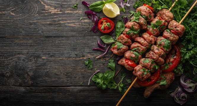Raw lula kebabs on skewers with vibrant herbs placed on dark wood background copy space