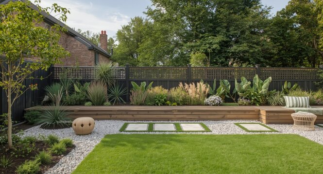 Outdoor landscaping design with gravel garden and wooden sleepers near lush green lawn