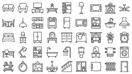 Obraz premium Home Interior Furniture Outline Icon Set Modern Household Line Vector Collection for App UI Web Design and Floor Planning