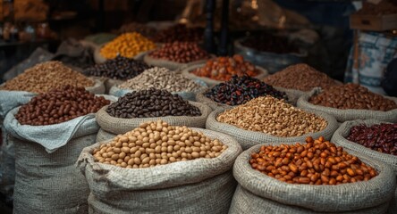 Open air market with sacks brimming with legumes dried fruits beans and spices