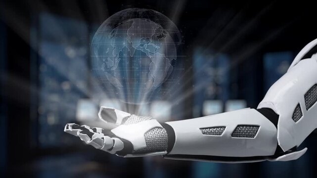 A futuristic robotic arm showcases various language icons representing global communication powered by AI technology in a modern high-tech environment. Synapse