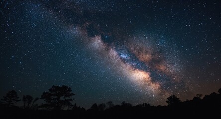 Fototapeta premium Radiant Milky Way galaxy glowing against deep night sky over natural treescape