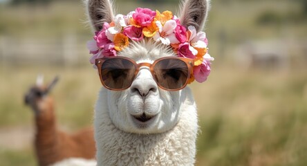 Obraz premium Happy llama adorned with trendy sunglasses and a vivid blossom crown in a summer setting
