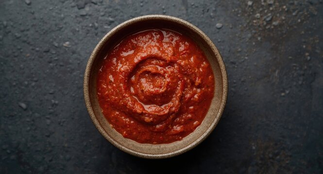 Savory homemade rose harissa adjika presented in bowl with dark textured backdrop