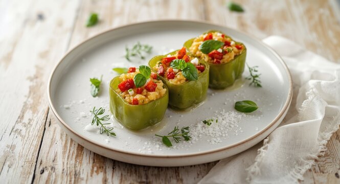 Homemade biber dolmasi with flavorful rice herb cheese and dried tomato filling