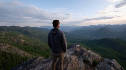 Fototapeta premium Man stands on a mountain peak overlooking a vast green valley under a cloudy sky