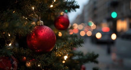 Naklejka premium Close up of a Christmas tree with red baubles and glowing fairy lights against a blurred city street background