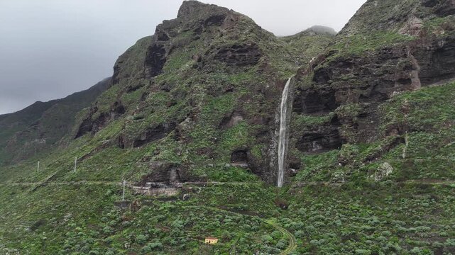 Aerial Drone View of Barranco and Waterfall Tenerife North Landscape
