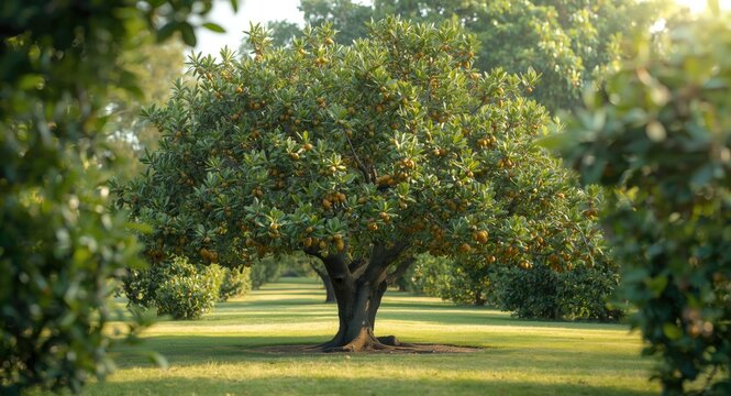 Garden macadamia trees bearing fresh nuts ready for upcoming seed harvest season