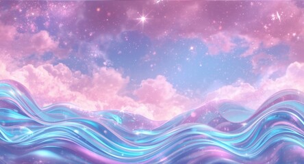Fototapeta premium Magical wavy fantasy backdrop with unicorns and twinkling stars in a pink and blue holographic sky
