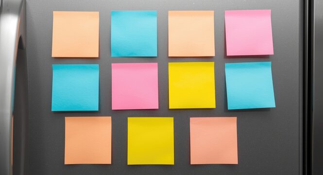 Multiple blank sticky notes pasted on a fridge for task tracking