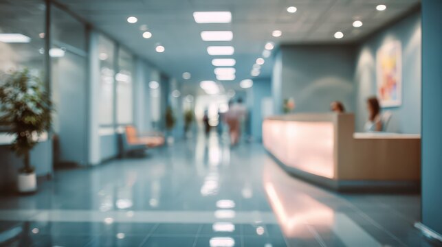 Blurred modern office lobby or hospital hallway with reception desk and bright lighting