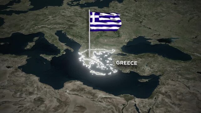 Greece Map Animation with 3D Waving of Greece National Flag and Glowing Border on World Map